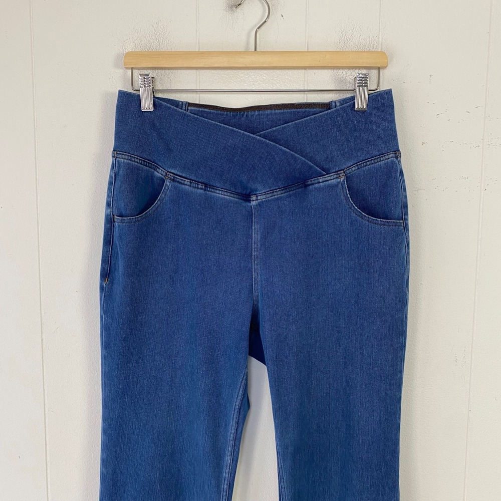 Blue Crossover V-Waist Flare Jeans Size L Pull On Stretch Denim Bell Bottoms - Picture 9 of 9